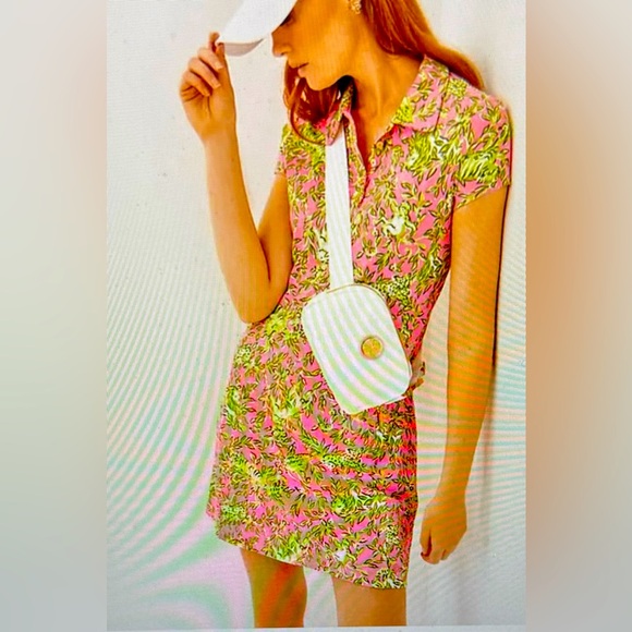 Lilly Pulitzer, NWT, Upf 50+ LUXLETIC FRIDA scallop Polo dress, green & pink sm - Picture 1 of 7